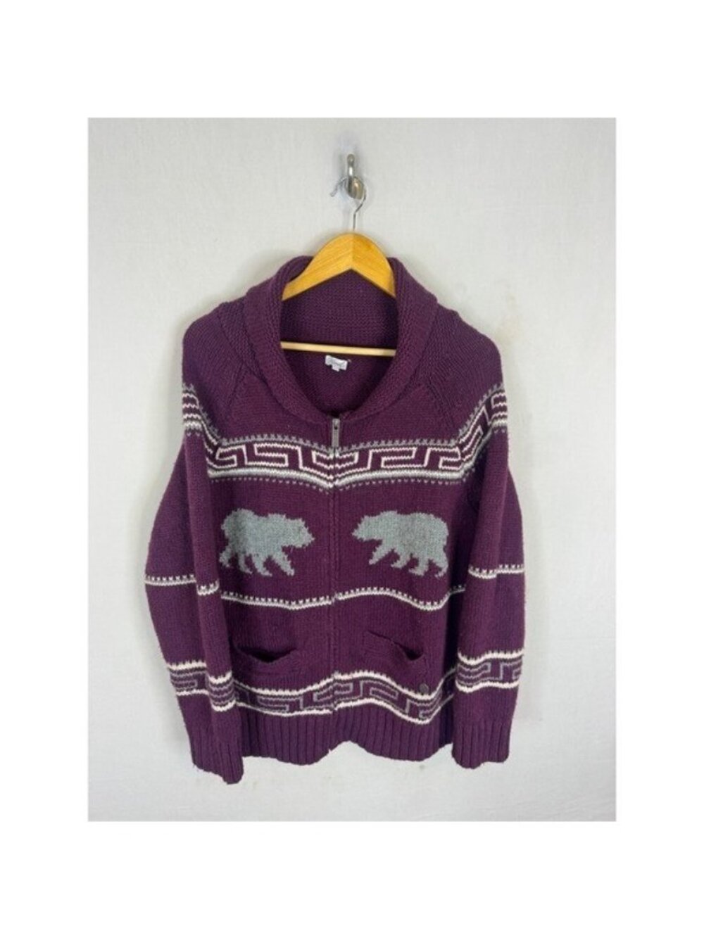 Kismet Purple Bear Wool Blend Cowichan Intarsia Shawl Collar Cardigan Sweater XL